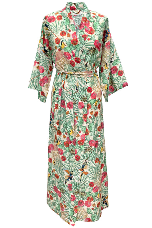 Alexandra "Oiseaux du Désert" Kimono Long en Voile de Coton/Soie